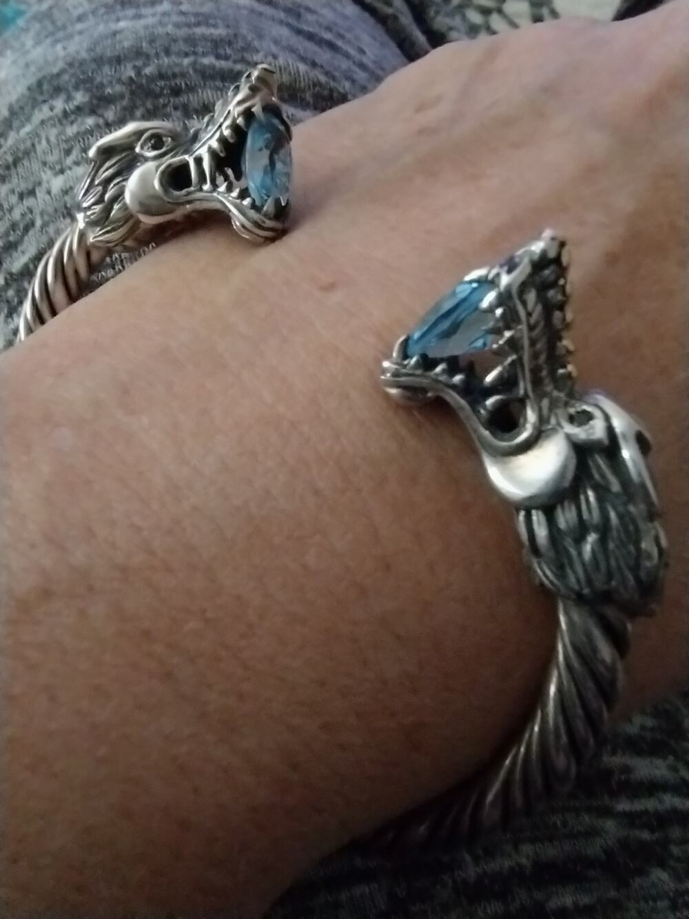 DS LP 18k Gold Sterling Silver Double Dragons Head Blue Topaz Cuff Bracelet NEW